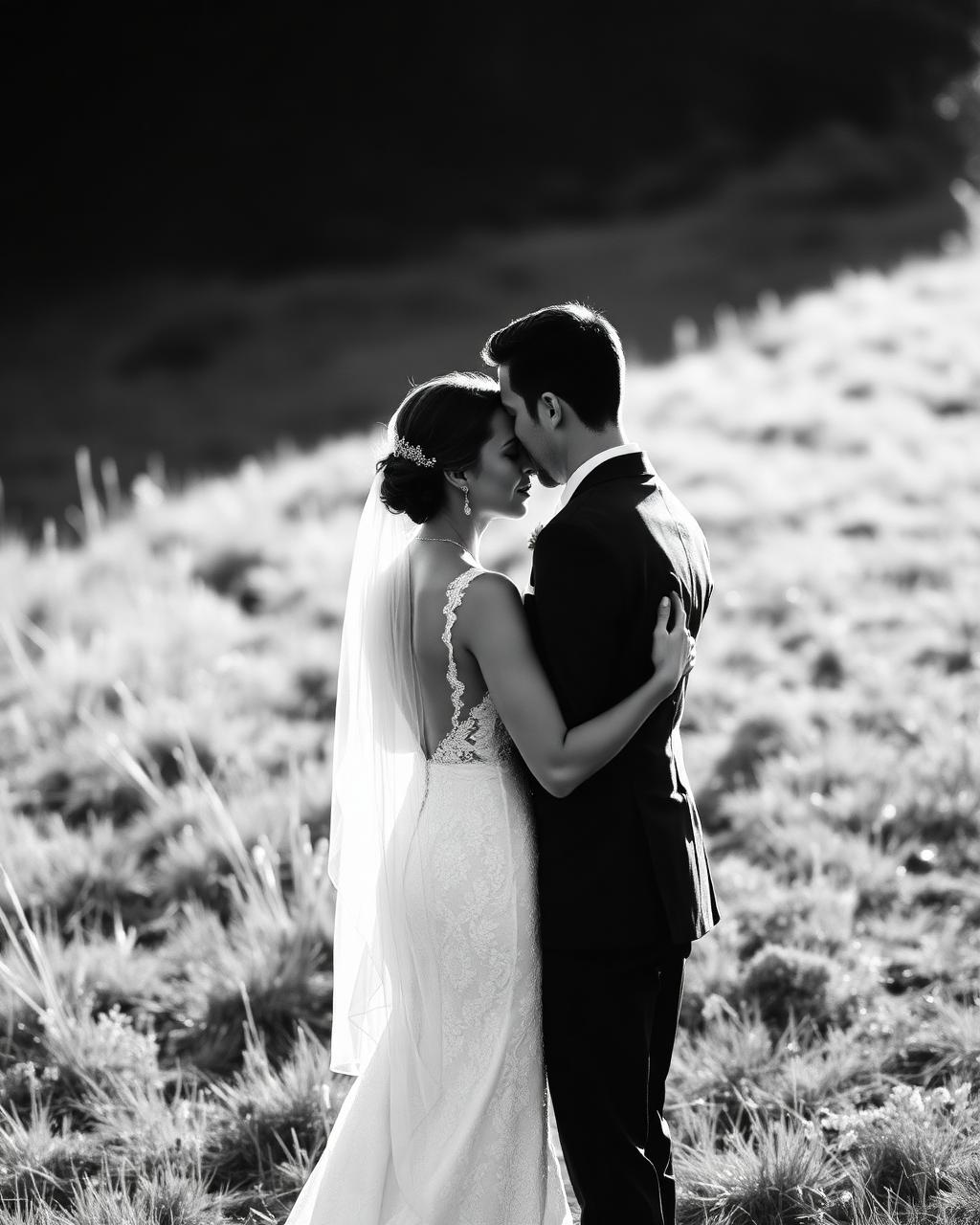 Couple de mariés dans la nature, photographie éditoriale en noir et blanc